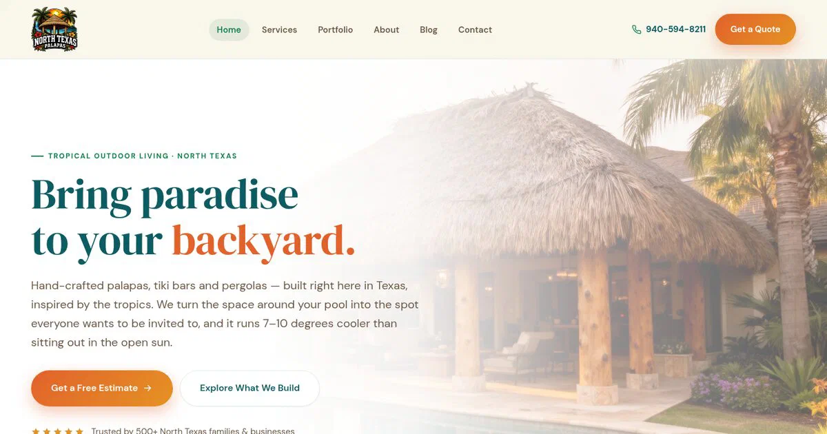 North Texas Palapas home page: the headline "Bring paradise to your backyard" beside a thatched palapa over a pool